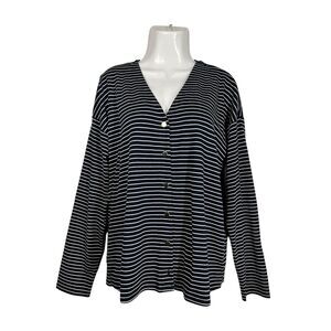Ann Taylor Button Up Cardigan Women XL Navy Blue White Striped V Neck Sweater